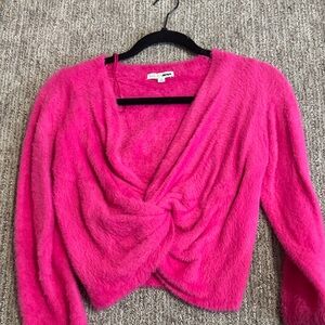 Fashion Nova Hot Pink V-Neck Fuzzy Twist-Front Sweater